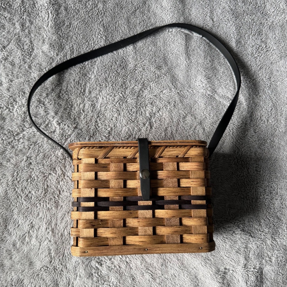 Vintage Woven Wood Basket Purse Box Bag Brown Cottagecore Crossbody Shoulder Bag